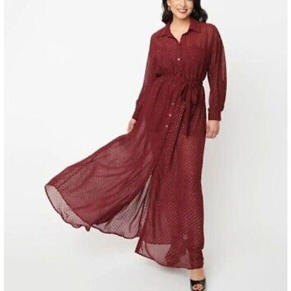 Unique Vintage Dress Size 3X/20 Burgundy Gold Clip Dot Blanche Maxi Shirt Belted - Picture 1 of 10
